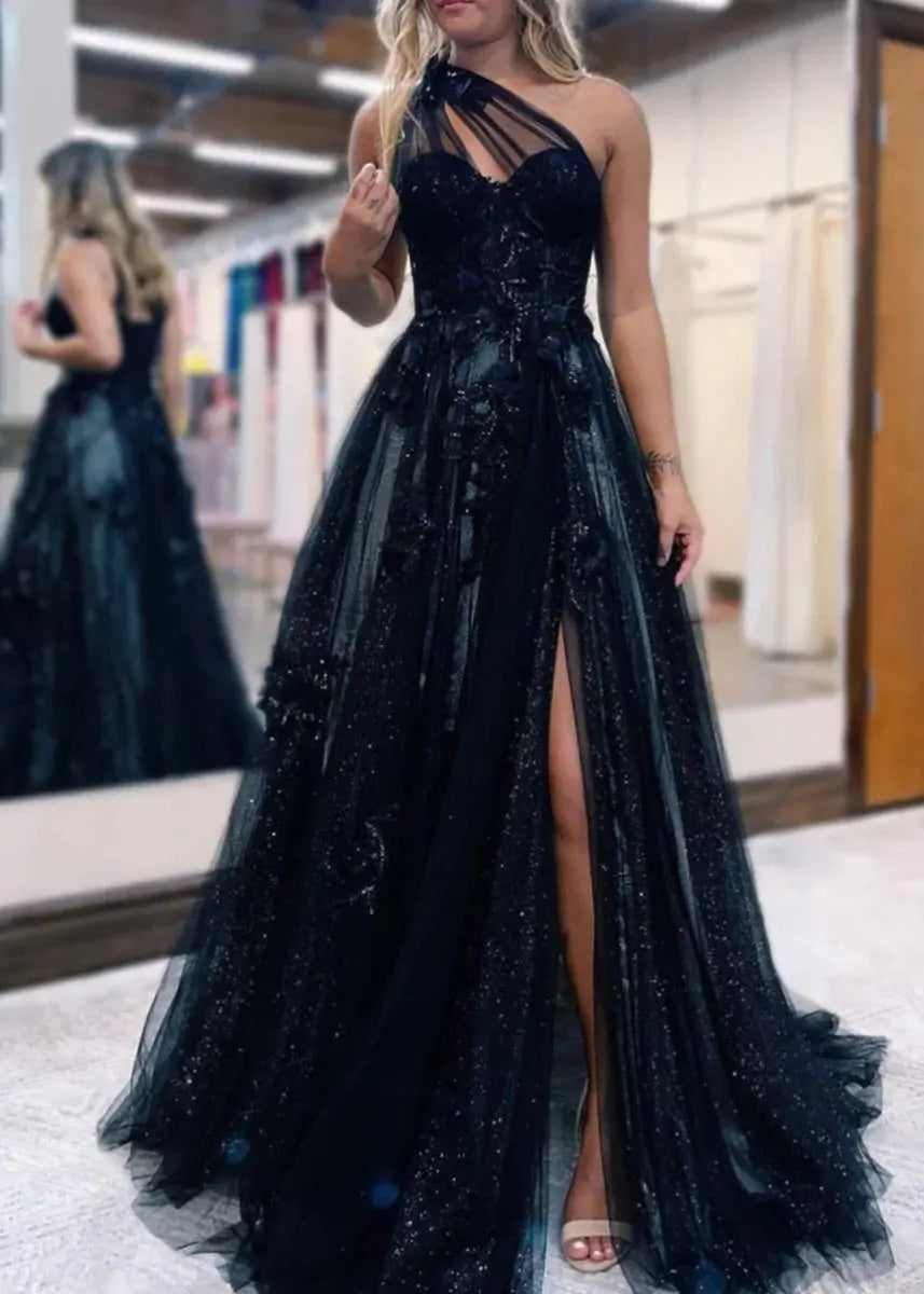 Princess One Shoulder Tulle Lace Black Long Prom Dresses Formal Gowns