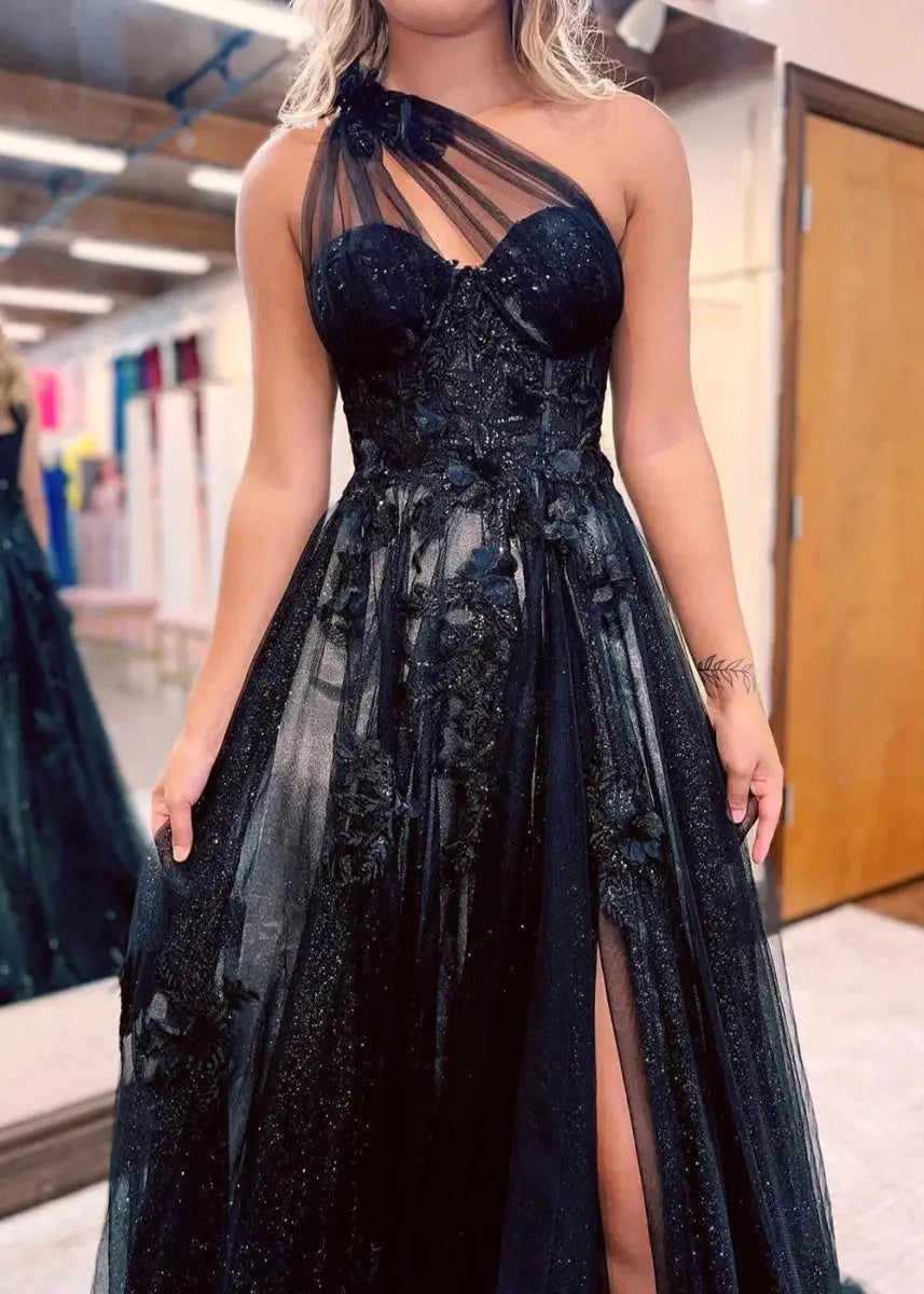 Princess One Shoulder Tulle Lace Black Long Prom Dresses Formal Gowns