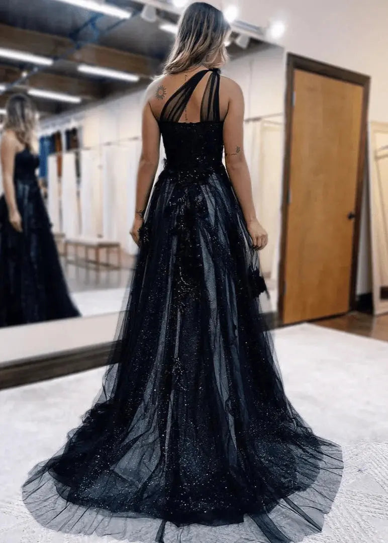 Princess One Shoulder Tulle Lace Black Long Prom Dresses Formal Gowns