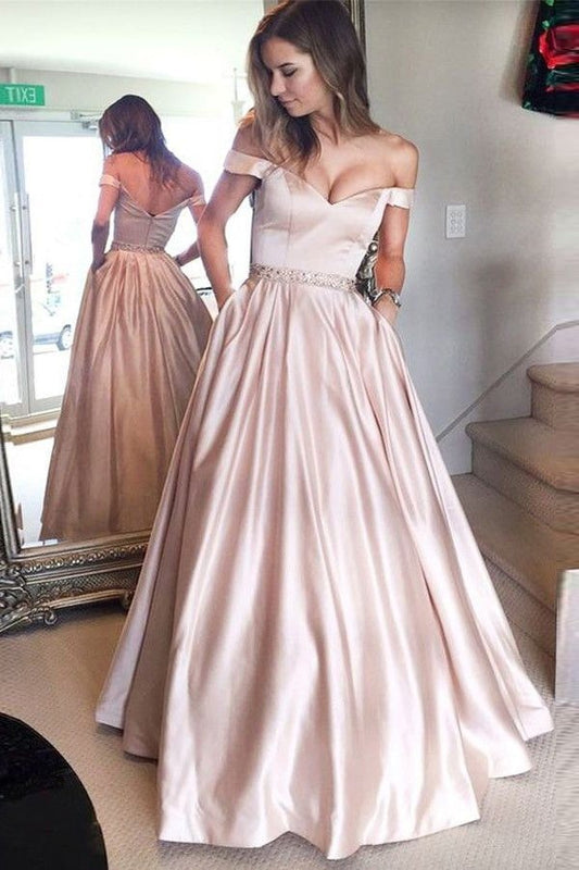 Princess Strapless Satin Pink Long Prom Dresses with Pocket Formal Evening Gowns