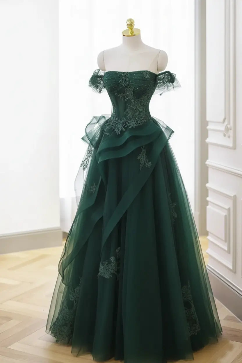A-Line/Princess Green Tulle Long Floor Length Prom Dress Lace Evening Dress - KAIDRESS