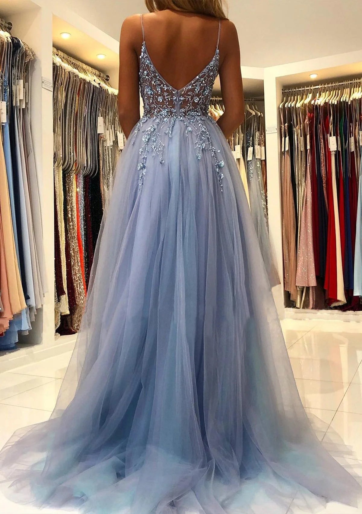 Princess Tulle Dusty Blue Formal Prom Dress Halter Long Evening Gowns