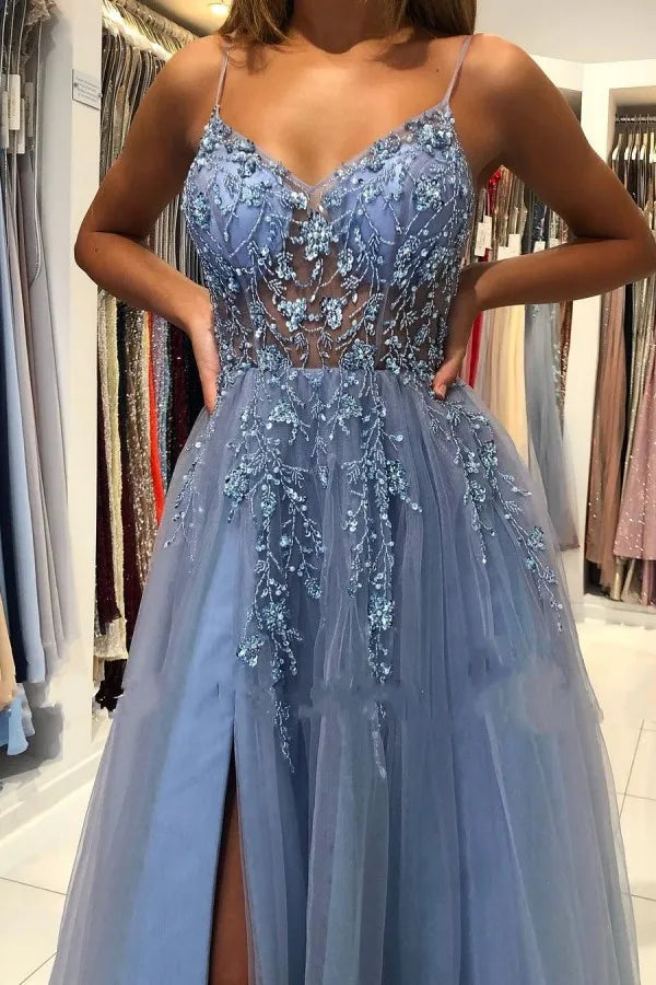 Princess Tulle Dusty Blue Formal Prom Dress Halter Long Evening Gowns