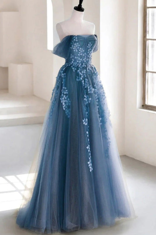 Princess Tulle Lace Long Blue Prom Dress Strapless Formal Evening Gown