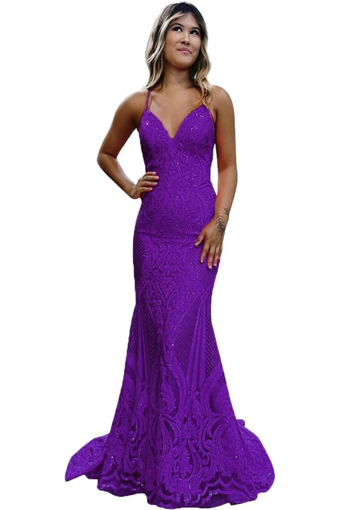 Trumpet/Mermaid V Neck Sleeveless Sweep Train Allover Sparkly Sequined Lace Prom Dress