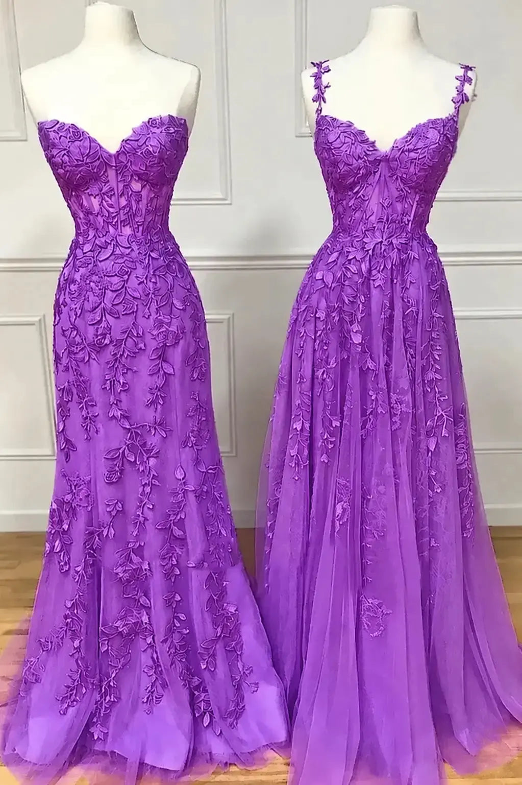 A-line Sweetheart Spaghetti Straps Sweep Train Lace Prom Dress With Beading Kaidress