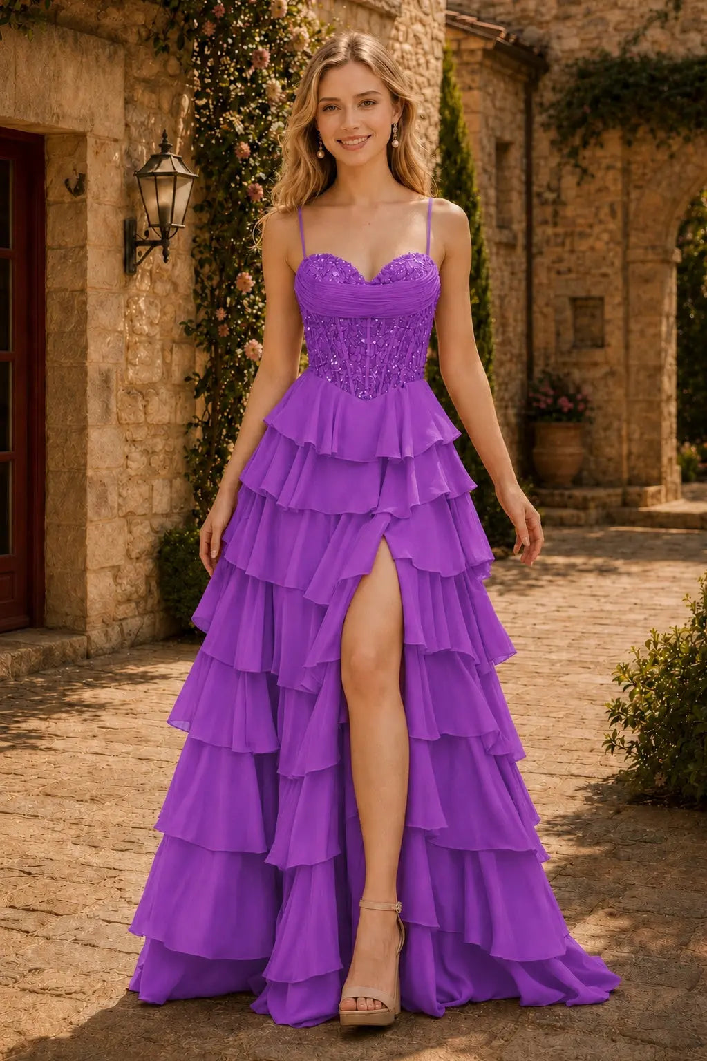 Spaghetti Straps Sweetheart Embellished Corset Chiffon Slit Ruffle Prom Dress with Detachable Straps