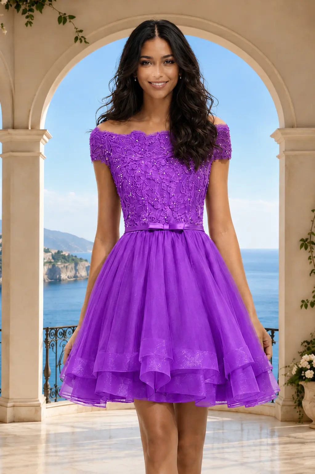 Burgundy Lace Off Shoulder A Line Short Homecoming Dress KAIDRESS