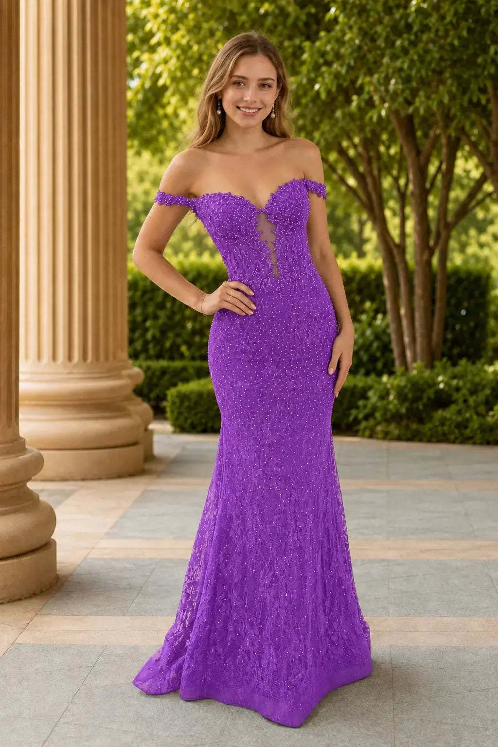 Mermaid Off the Shoulder Navy Lace Prom Dresses Long Evening Dresses KAIDRESS