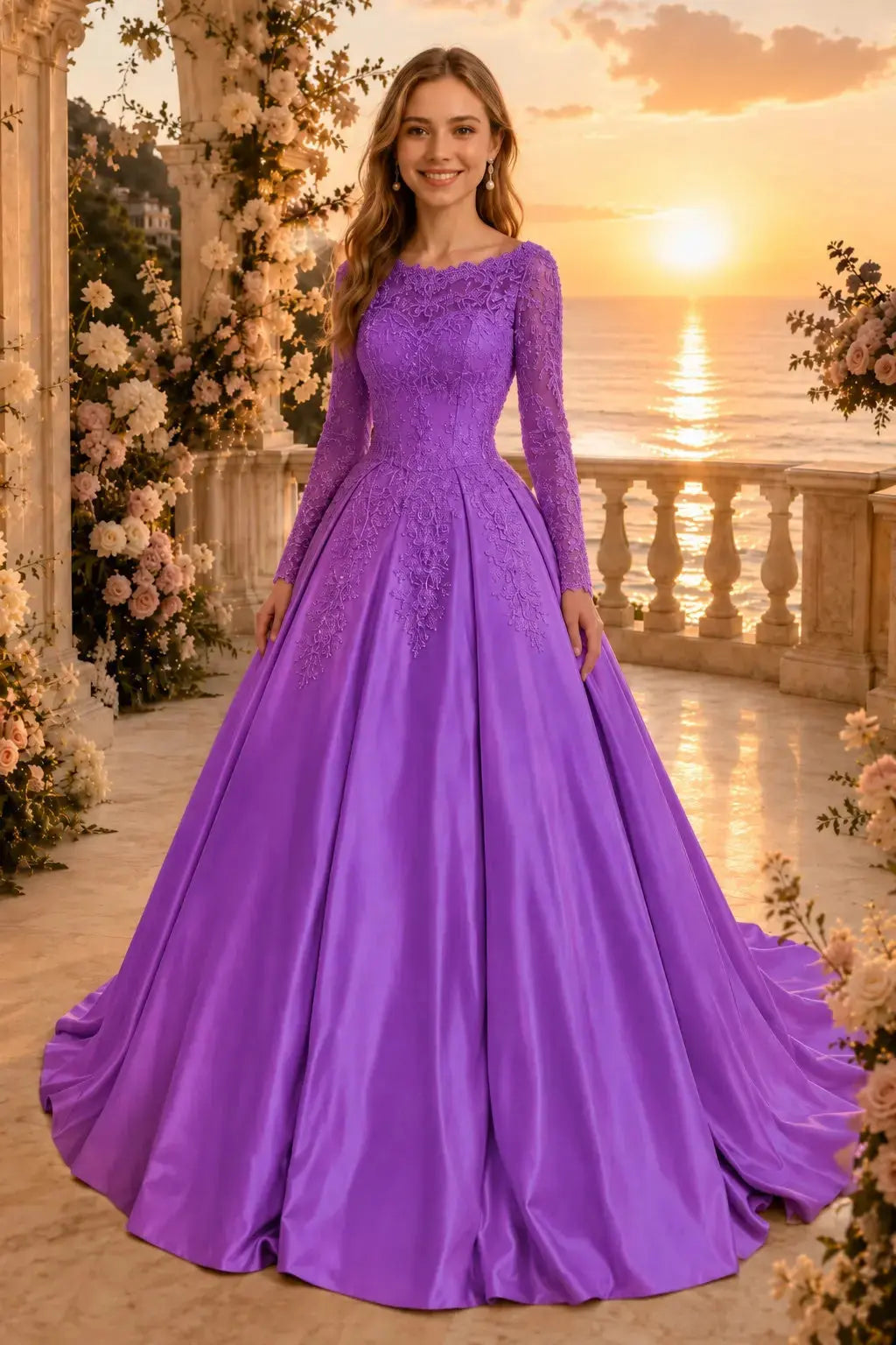 Ball Gown Long Sleeves Off-the-Shoulder Chapel Train Applique Satin Prom Dresses Kaidress