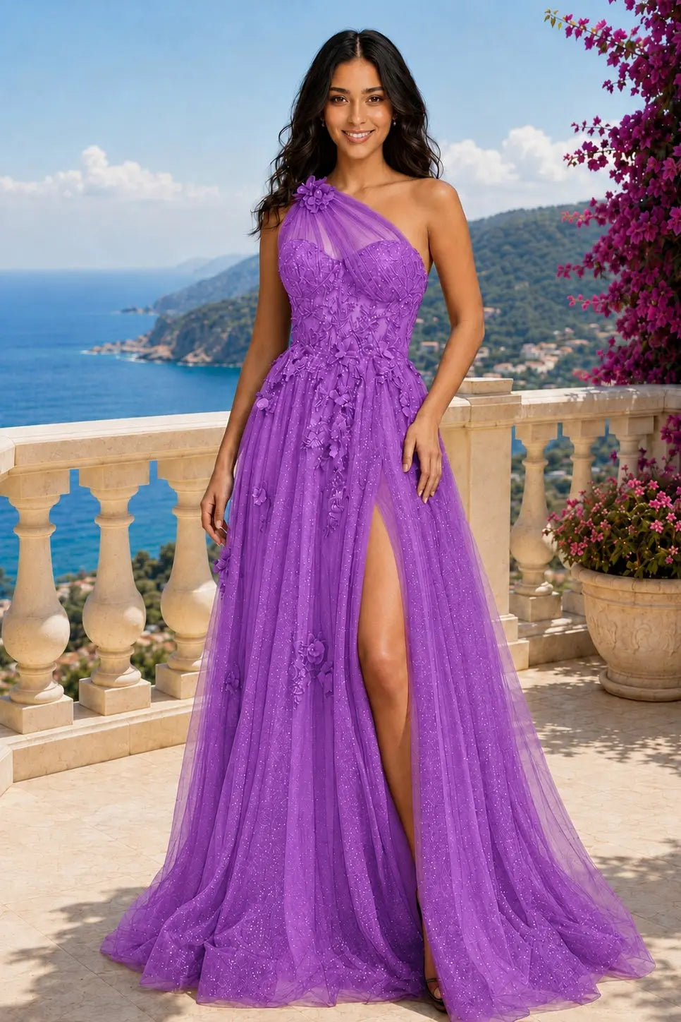 A-line One-Shoulder Sleeveless Long/Floor-Length Tulle Prom Dresses with Appliqued Split KAIDRESS