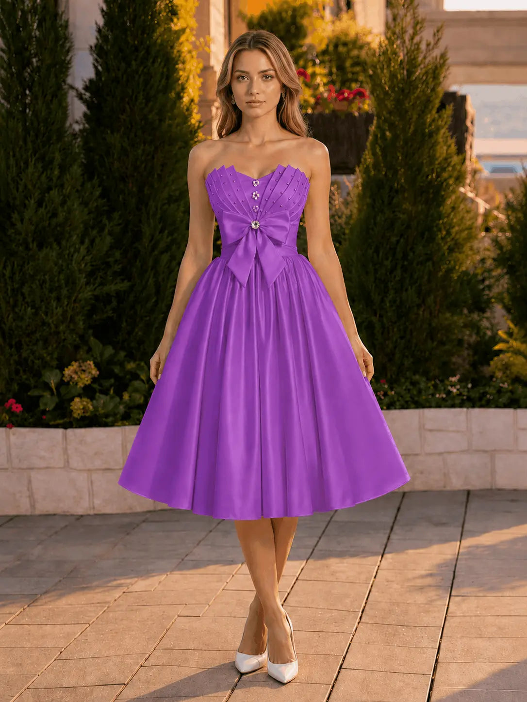 A-line Sweetheart Sleeveless Knee-Length Satin Homecoming Dress with Bow KAIDRESS