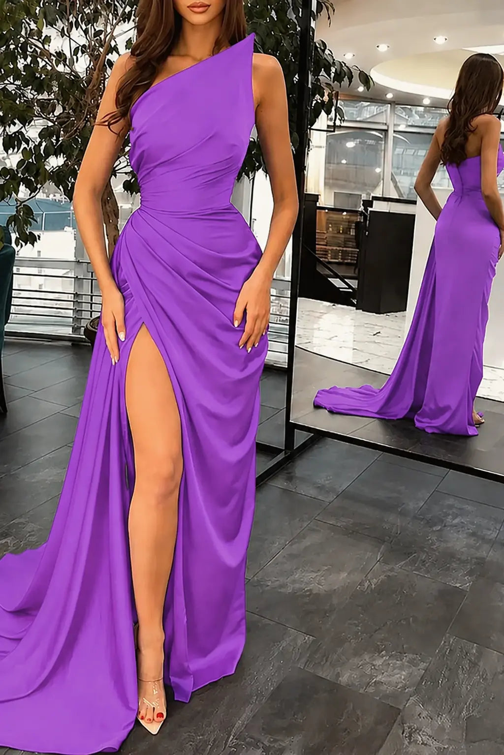 Trumpet/Mermaid Sleeveless Court Train Silk like Satin Prom Dresses with Ruffles Split KAIDRESS