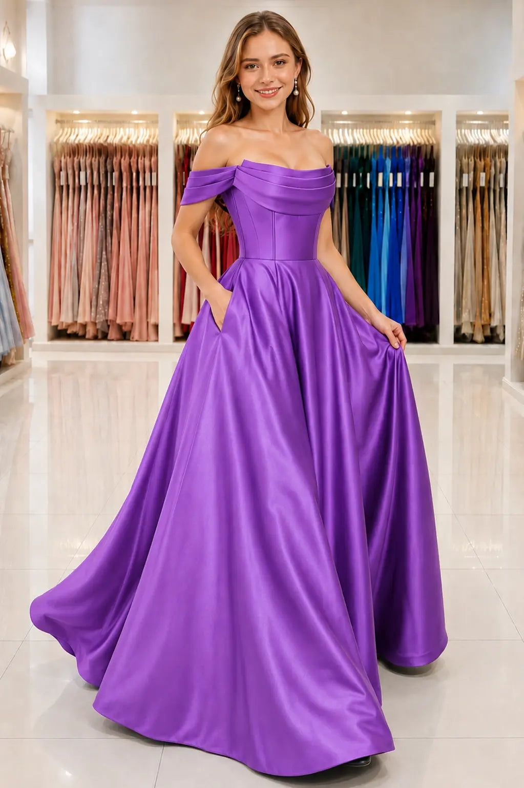 A-Line Satin Long Prom Dress, Simple Off the Shoulder Evening Party Dress With Pockets KAIDRESS