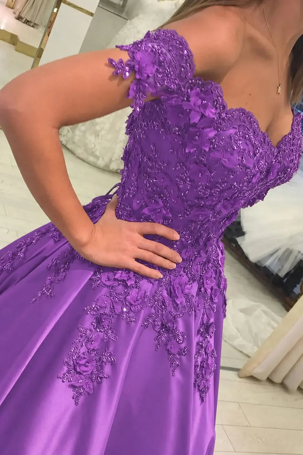 Appliqued Off-The-Shoulder Satin Princess Prom Dress With Beads