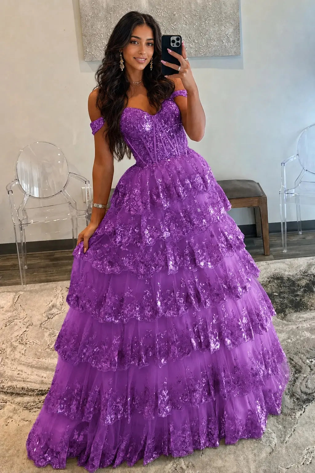 A-Line/Princess Princess Off the Shoulder Sequined Lace Prom Dress KAIDRESS