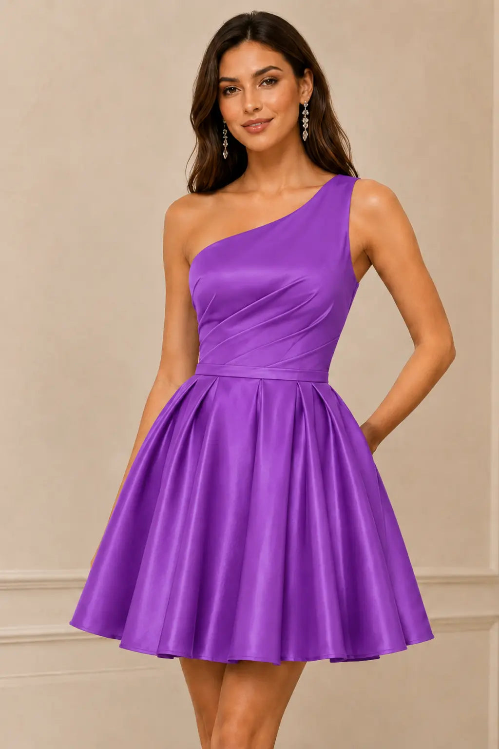 Green One Shoulder Satin Mini A Line Homecoming Dress With Pockets KAIDRESS
