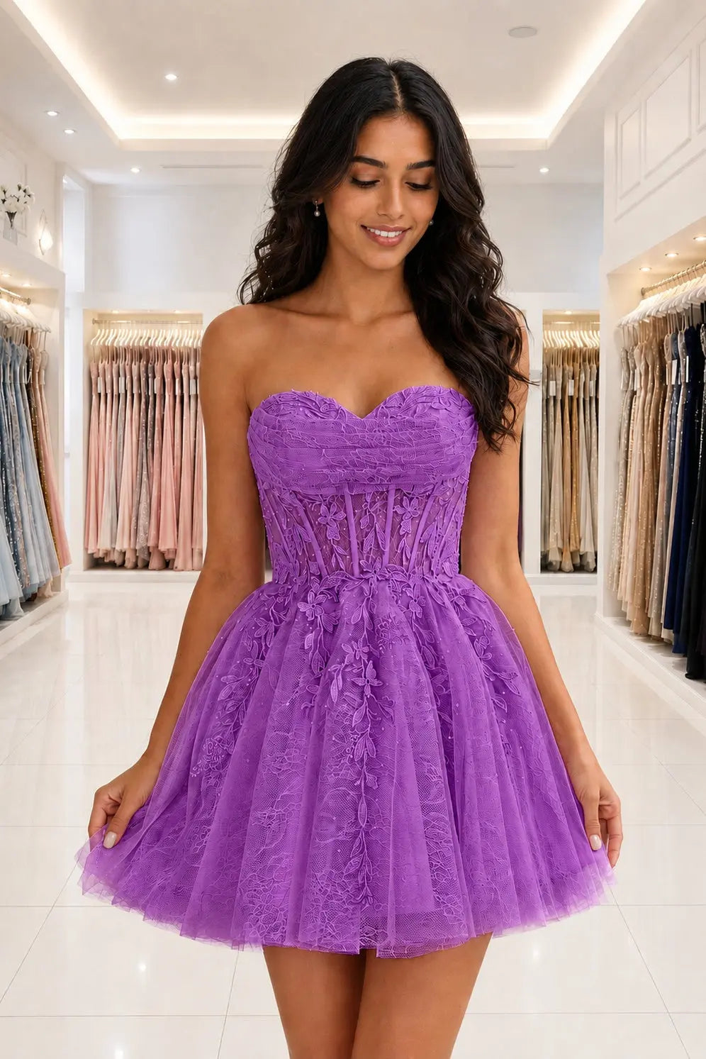 Strapless Beaded Lace Corset A-Line Mini Homecoming Dress KAIDRESS