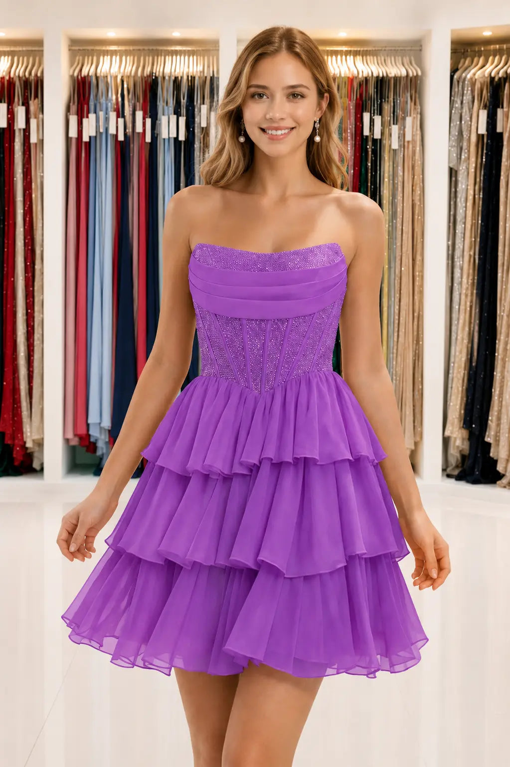 Daffodil Strapless Corset Tiered Ruffle Mini Homecoming Dress With Beading KAIDRESS