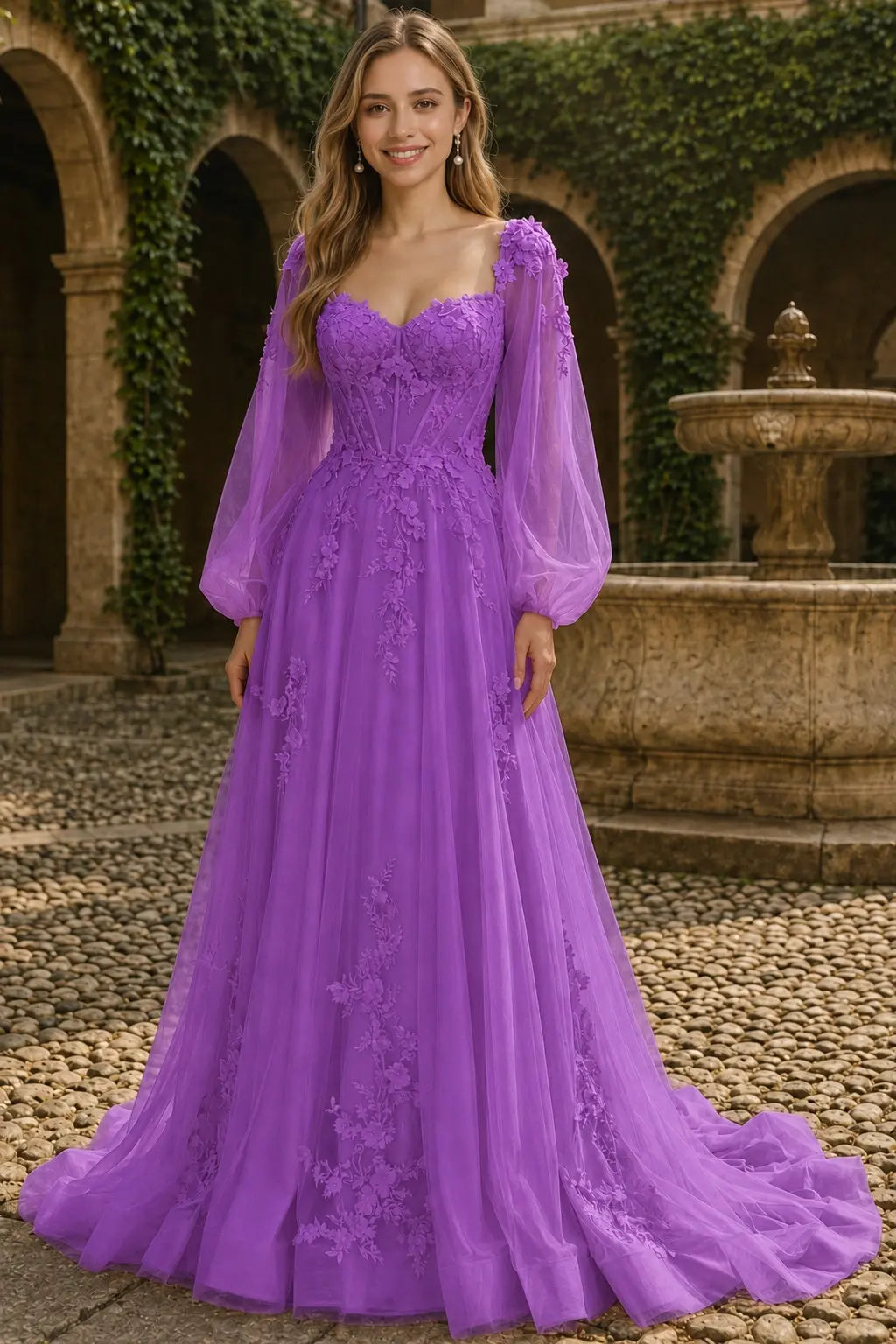 A-line 3D Floral Lace Applique Tulle Long Sleeves Prom Dress