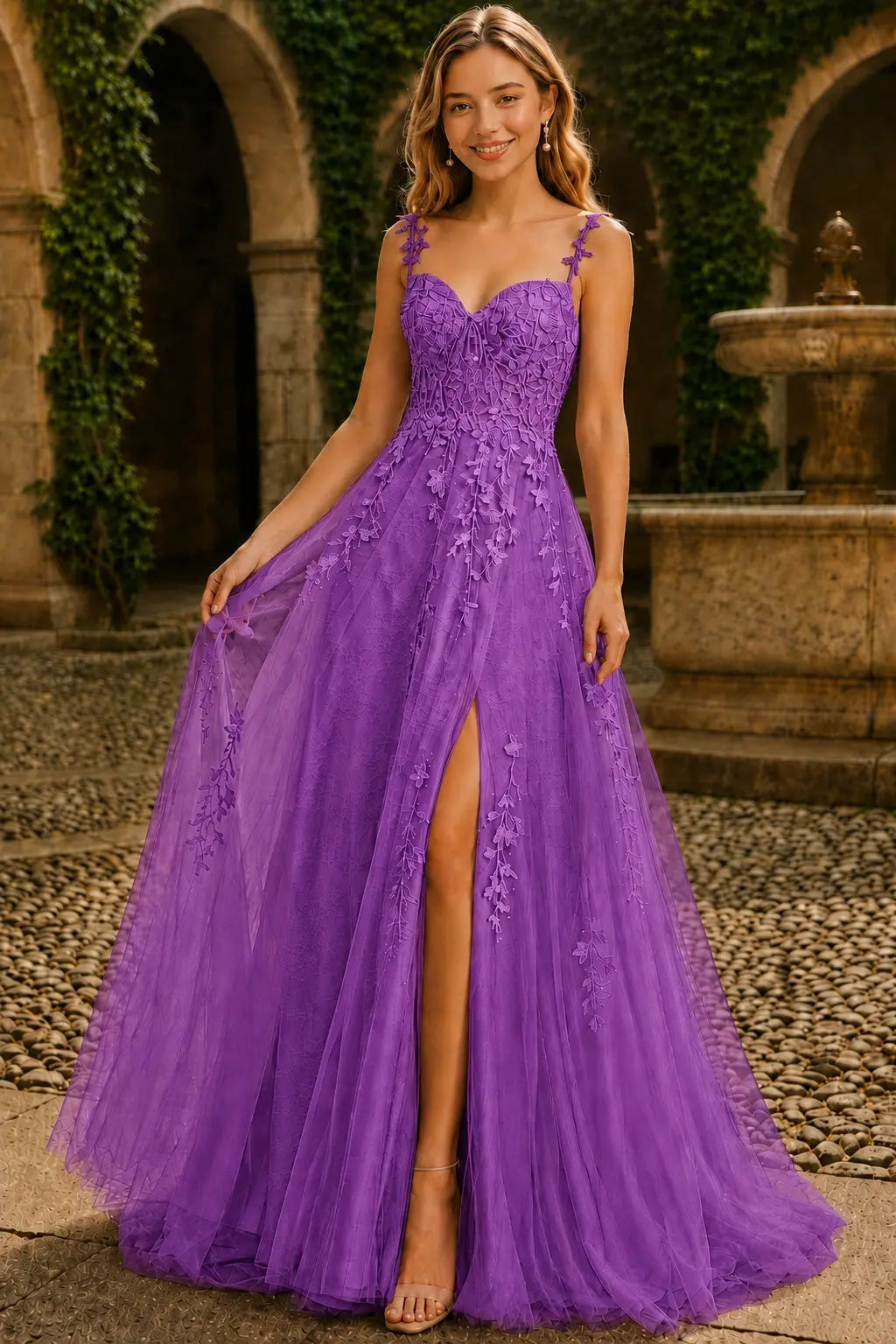 A-line V Neck Sweep Spaghetti Straps Train Tulle Prom Dress with Appliqued Beading
