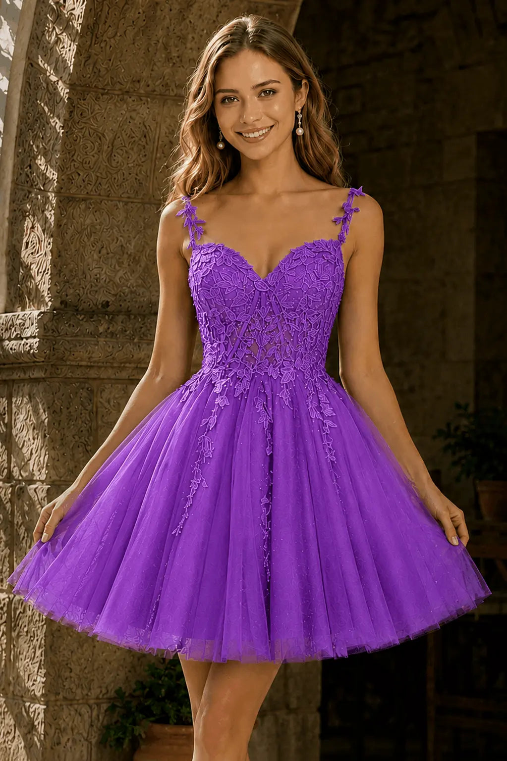 A-line V Neck Short/Mini Tulle Lace Homecoming Dress