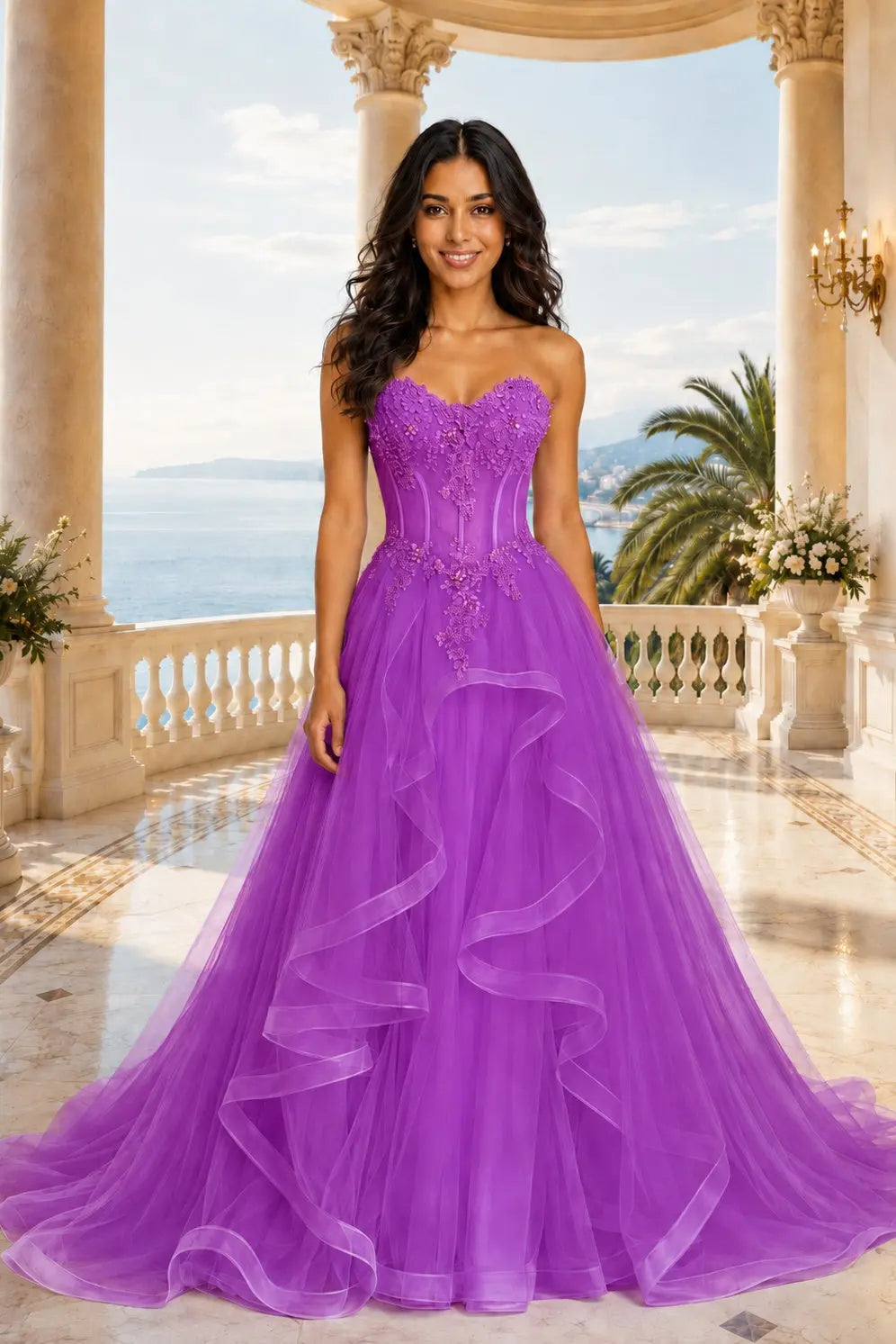 A-line/Princess Sweetheart Sleeveless Sweep Train Tulle Prom Dresses With Beading Appliqued KAIDRESS