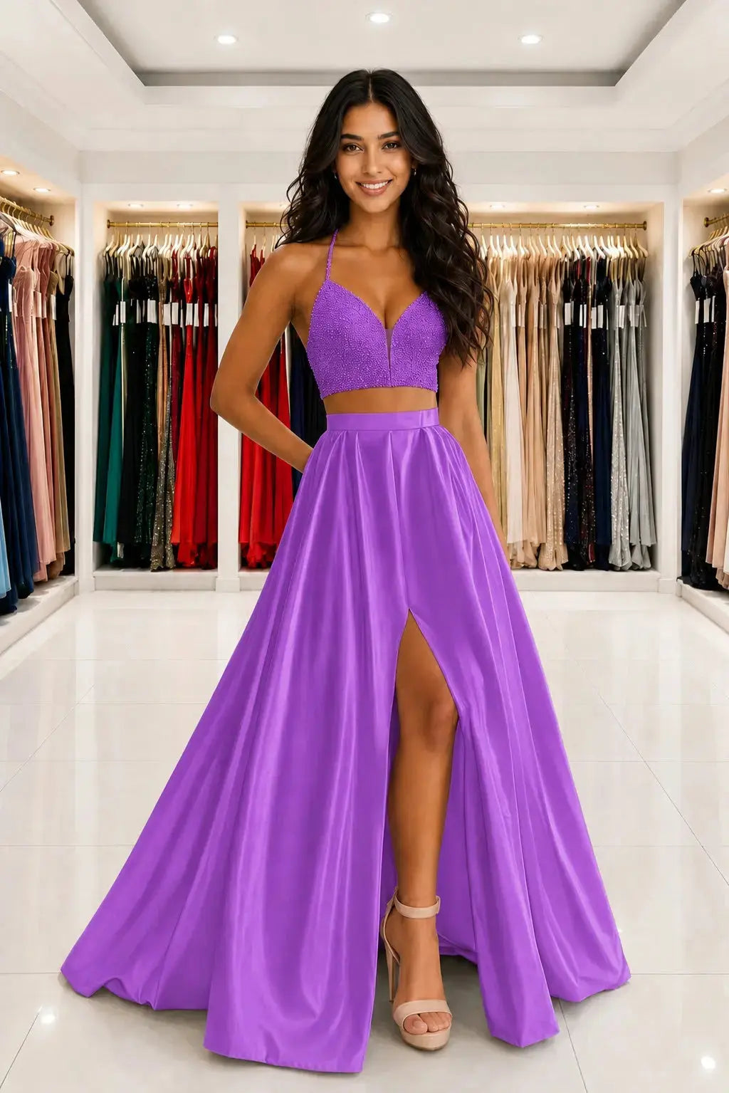 Satin Two Piece Long Modest White Prom Dress Split Formal Evening Gowns Kaidress