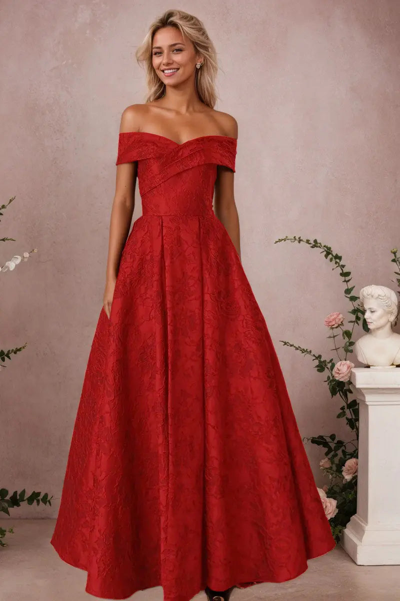 A-Line Off Shoulder Satin Burgundy Long Prom Dress Floral Jacquard Formal Ball Gowns - KAIDRESS
