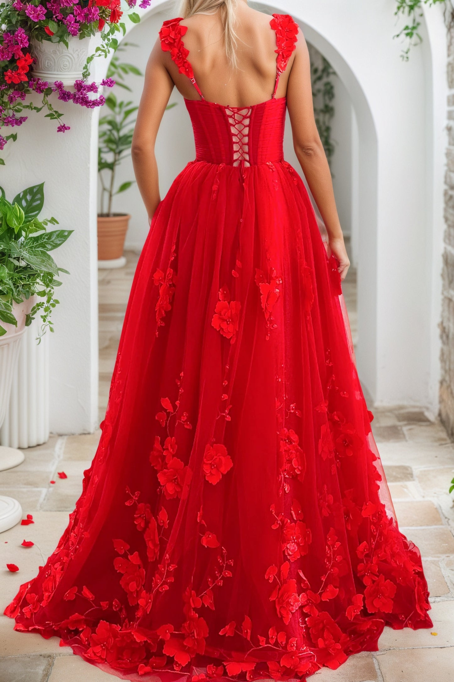 Red 3D Floral Lace Formal Prom Dresses Long Princess Evening Gowns