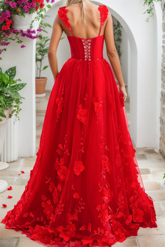 Red 3D Floral Lace Formal Prom Dresses Long Princess Evening Gowns