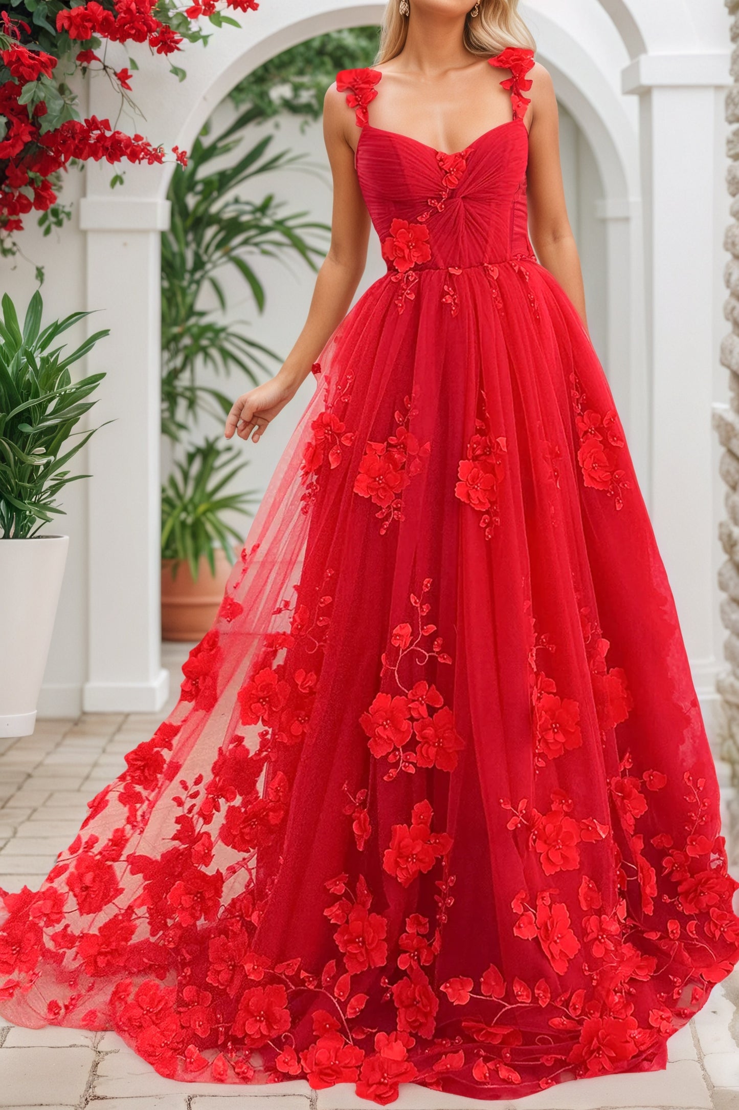 Red 3D Floral Lace Formal Prom Dresses Long Princess Evening Gowns