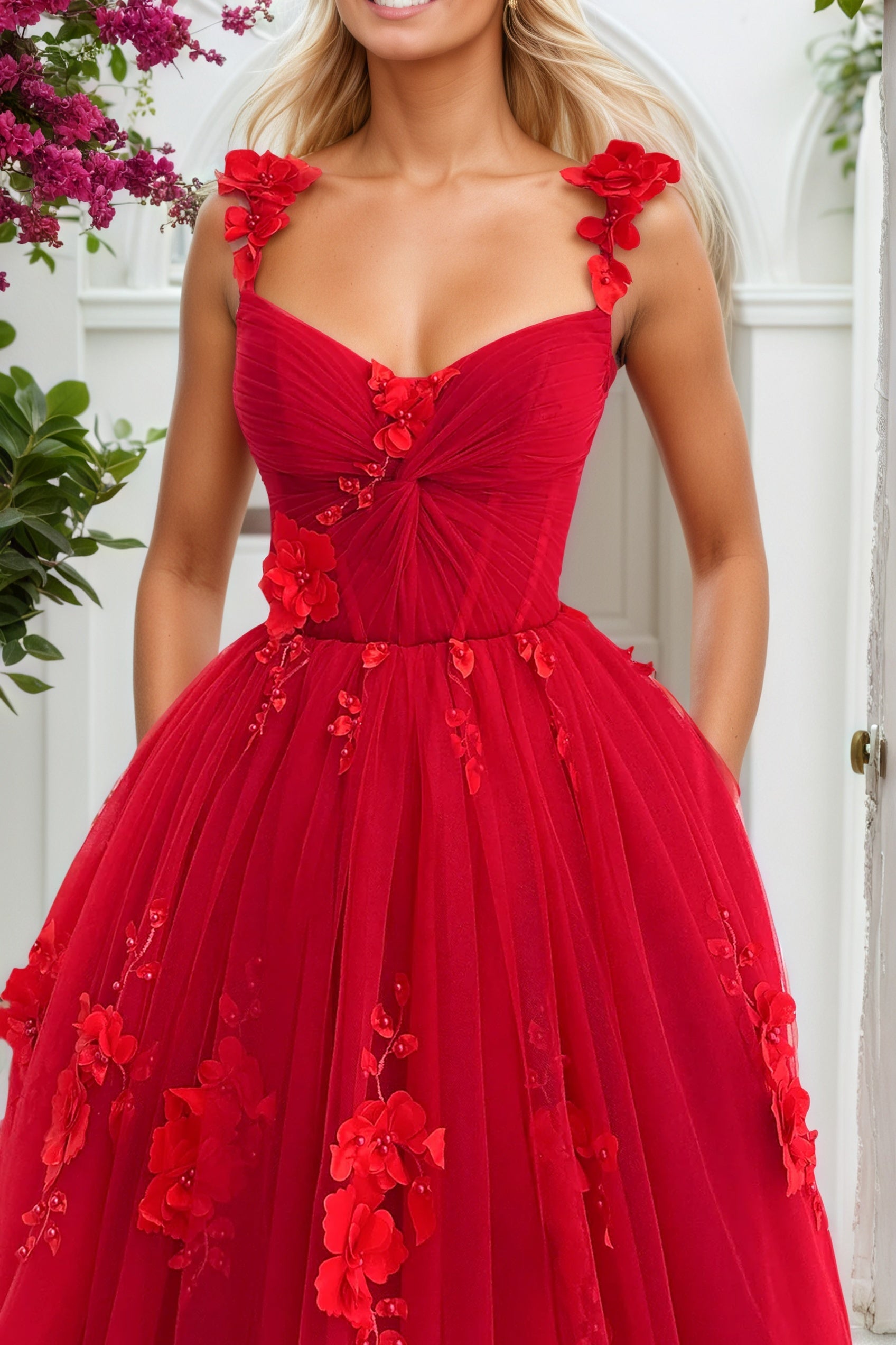 Red 3D Floral Lace Formal Prom Dresses Long Princess Evening Gowns