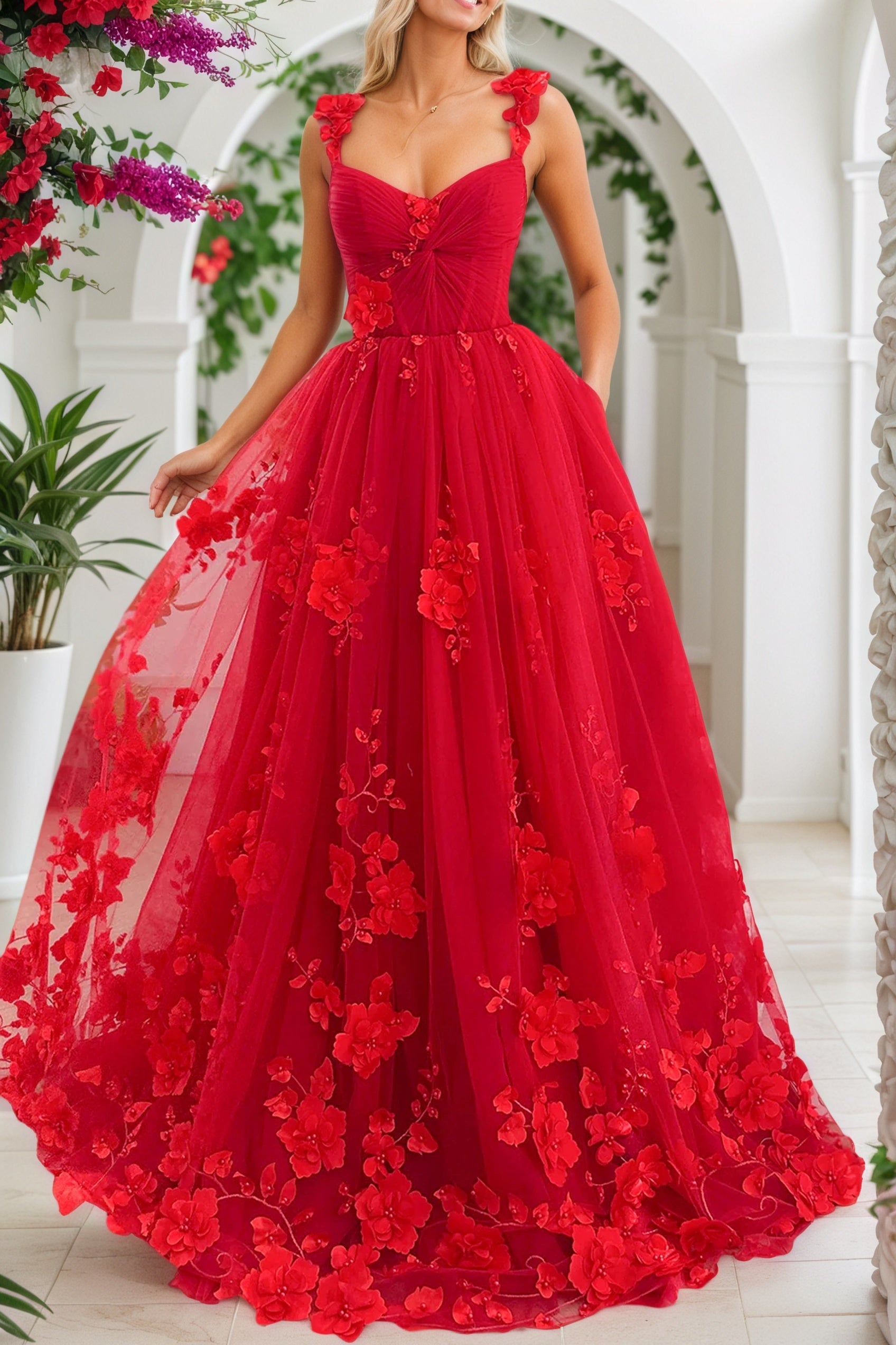 Red 3D Floral Lace Formal Prom Dresses Long Princess Evening Gowns