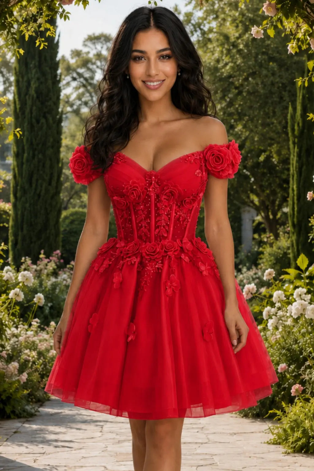 A-line Off-the-Shoulder Tulle Short/Mini Homecoming Dress with Appliqued Flowers Sequins KAIDRESS