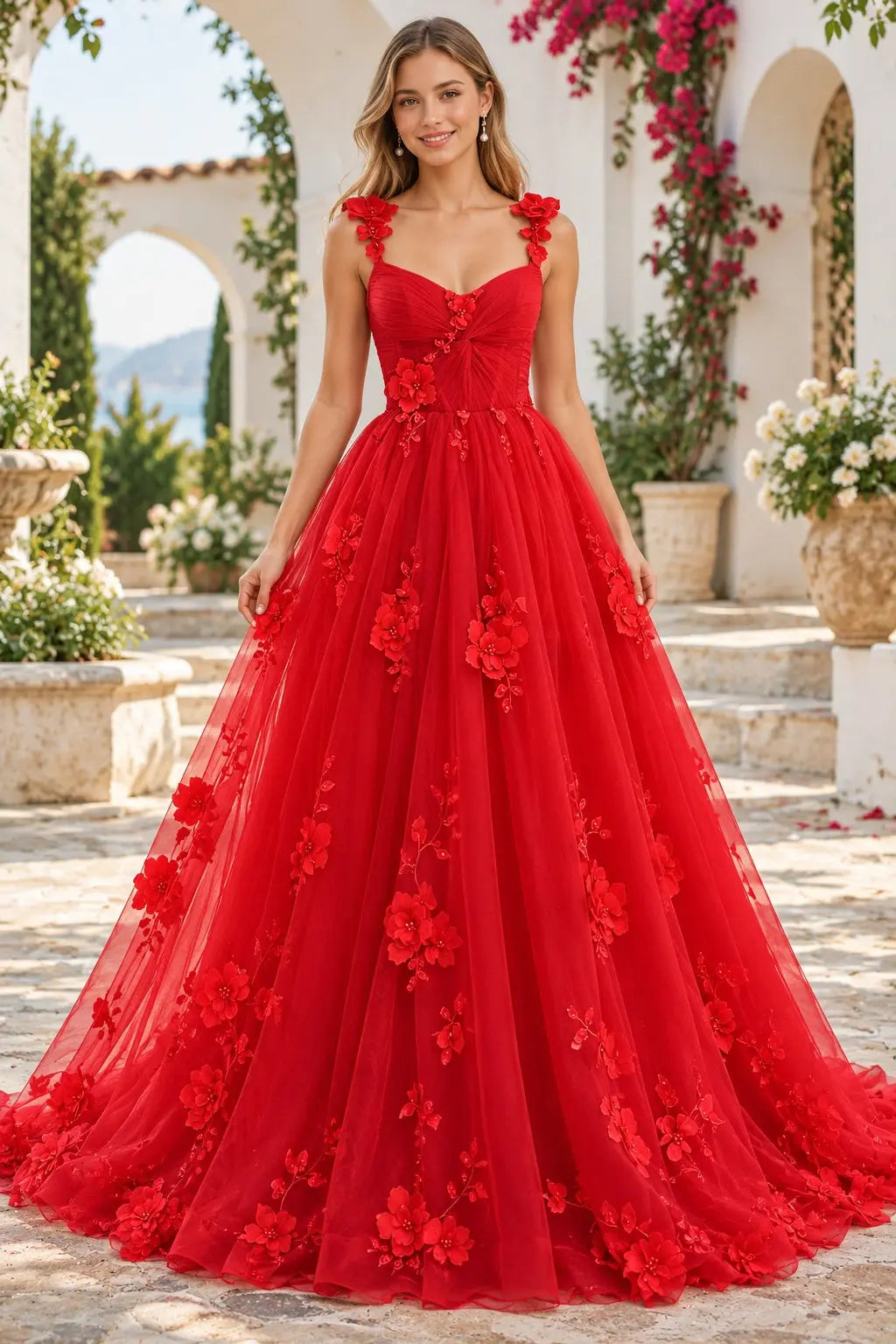 Red 3D Floral Tulle Prom Dress with Sweetheart Corset and Lace-Up Back