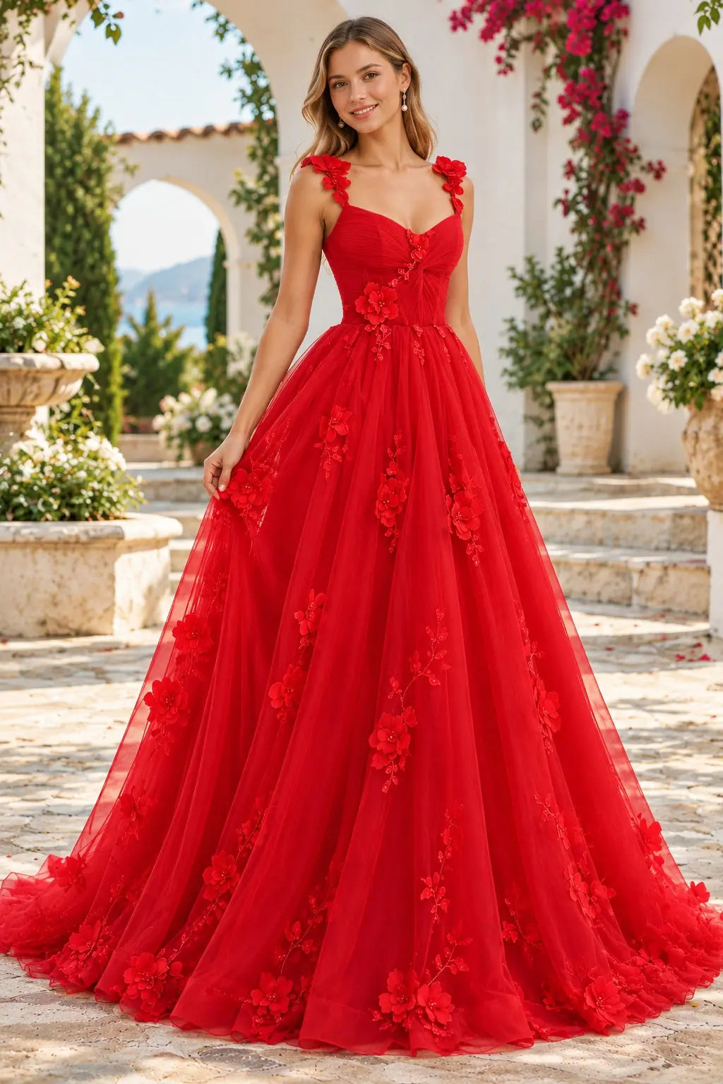 Red 3D Floral Tulle Prom Dress with Sweetheart Corset and Lace-Up Back
