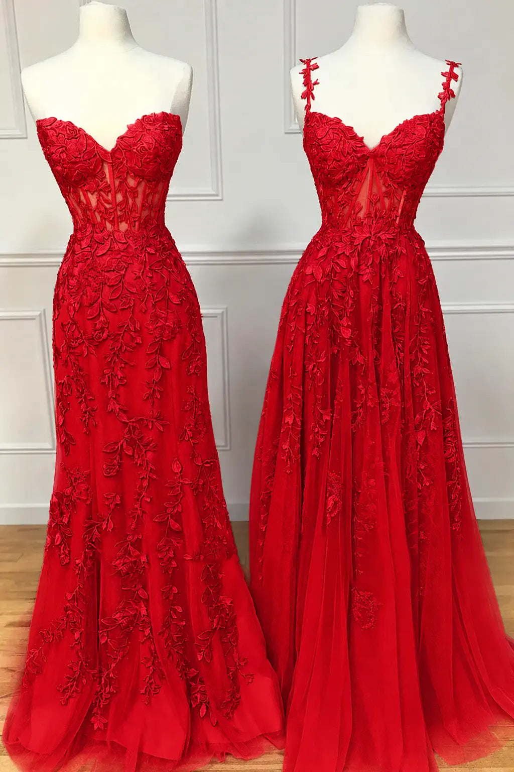 A-line Sweetheart Spaghetti Straps Sweep Train Lace Prom Dress With Beading Kaidress