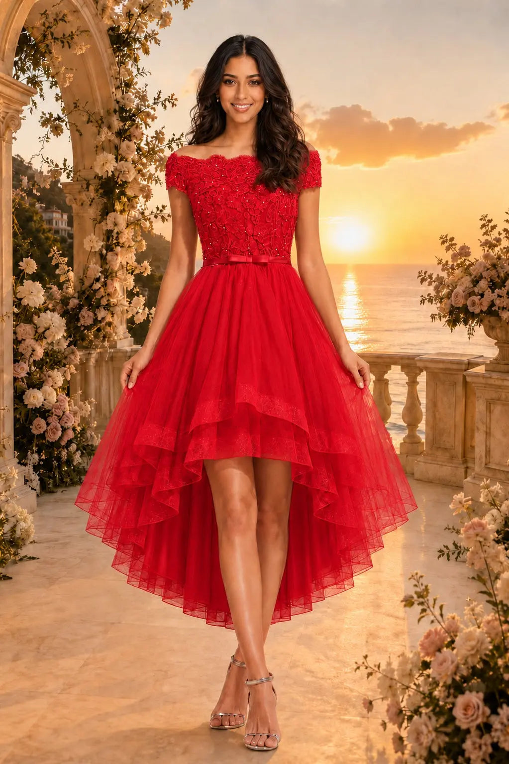 Burgundy Off the Shoulder A Line Strapless Lace Tulle Asymmetrical Dress KAIDRESS