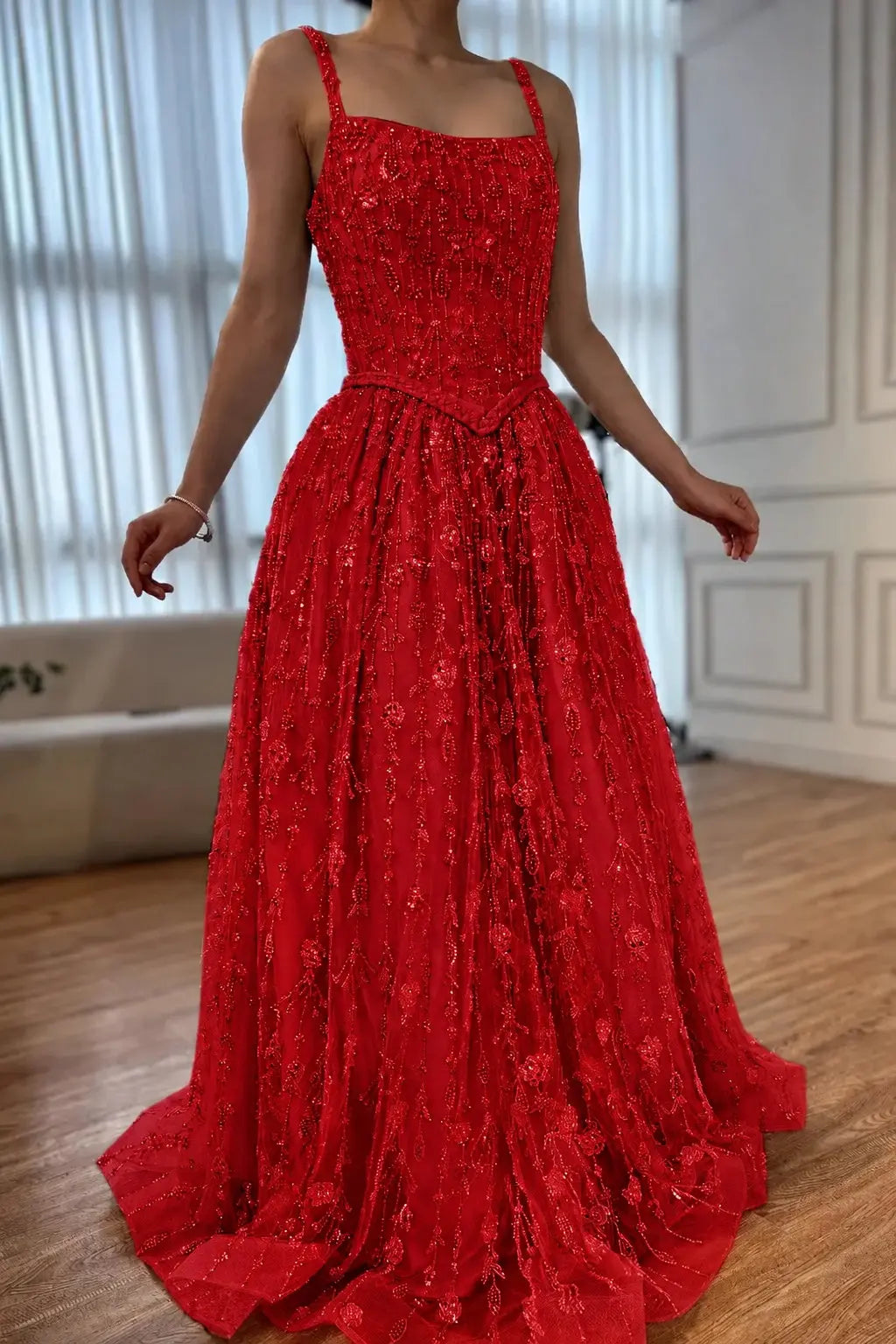 Luxury A-line Spaghetti Straps Beaded Lace Sweep Train Lace Prom Dress