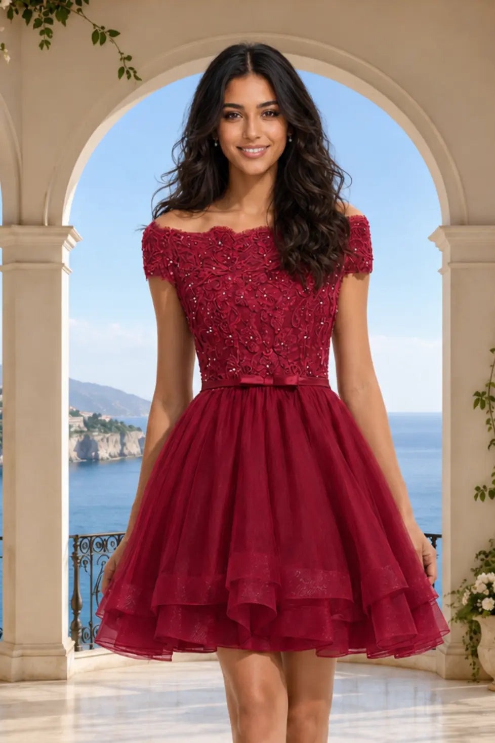 Red Burgundy Lace Corset Hoco Dress With Short Ruffle Skirt