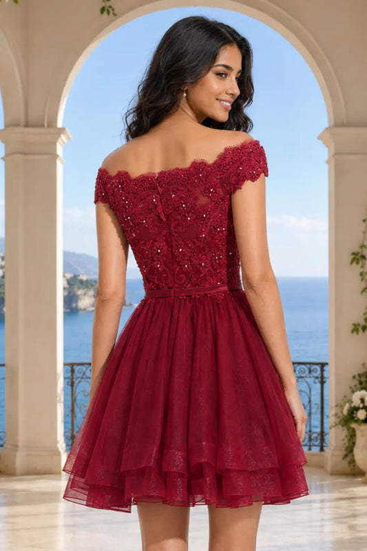 Red Burgundy Lace Corset Hoco Dress With Short Ruffle Skirt