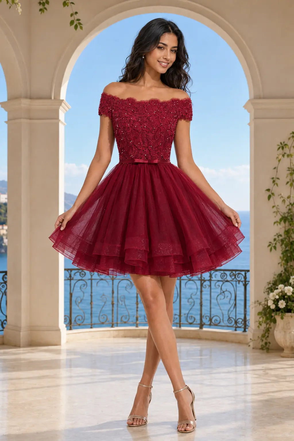 Red Burgundy Lace Corset Hoco Dress With Short Ruffle Skirt