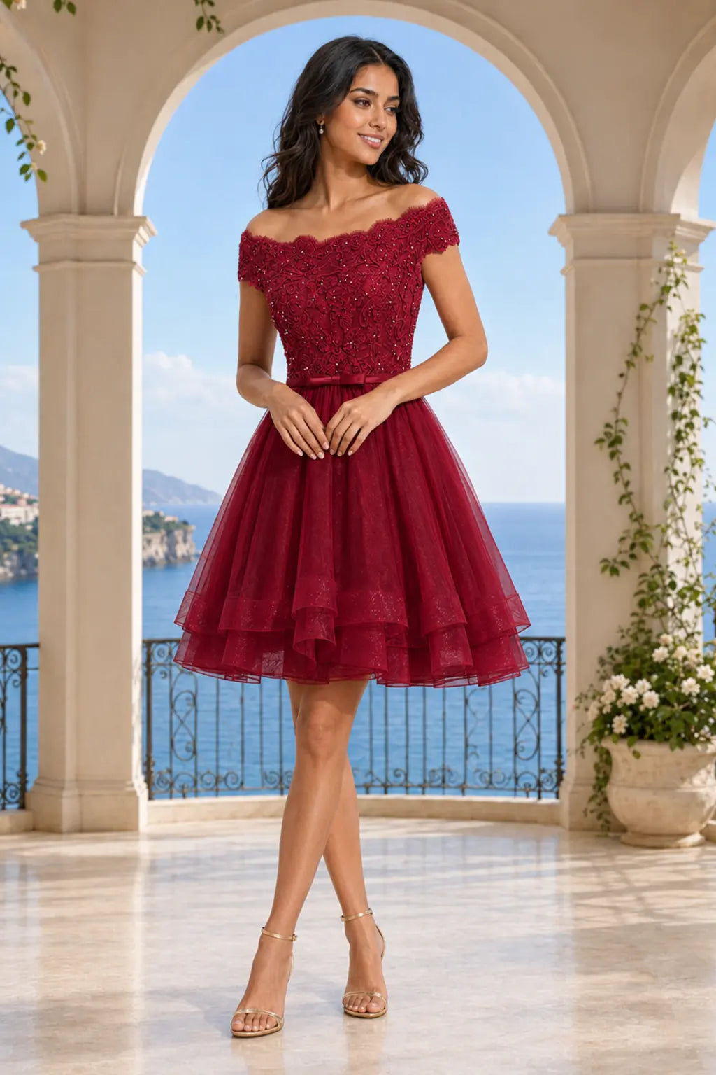Red Burgundy Lace Corset Hoco Dress With Short Ruffle Skirt