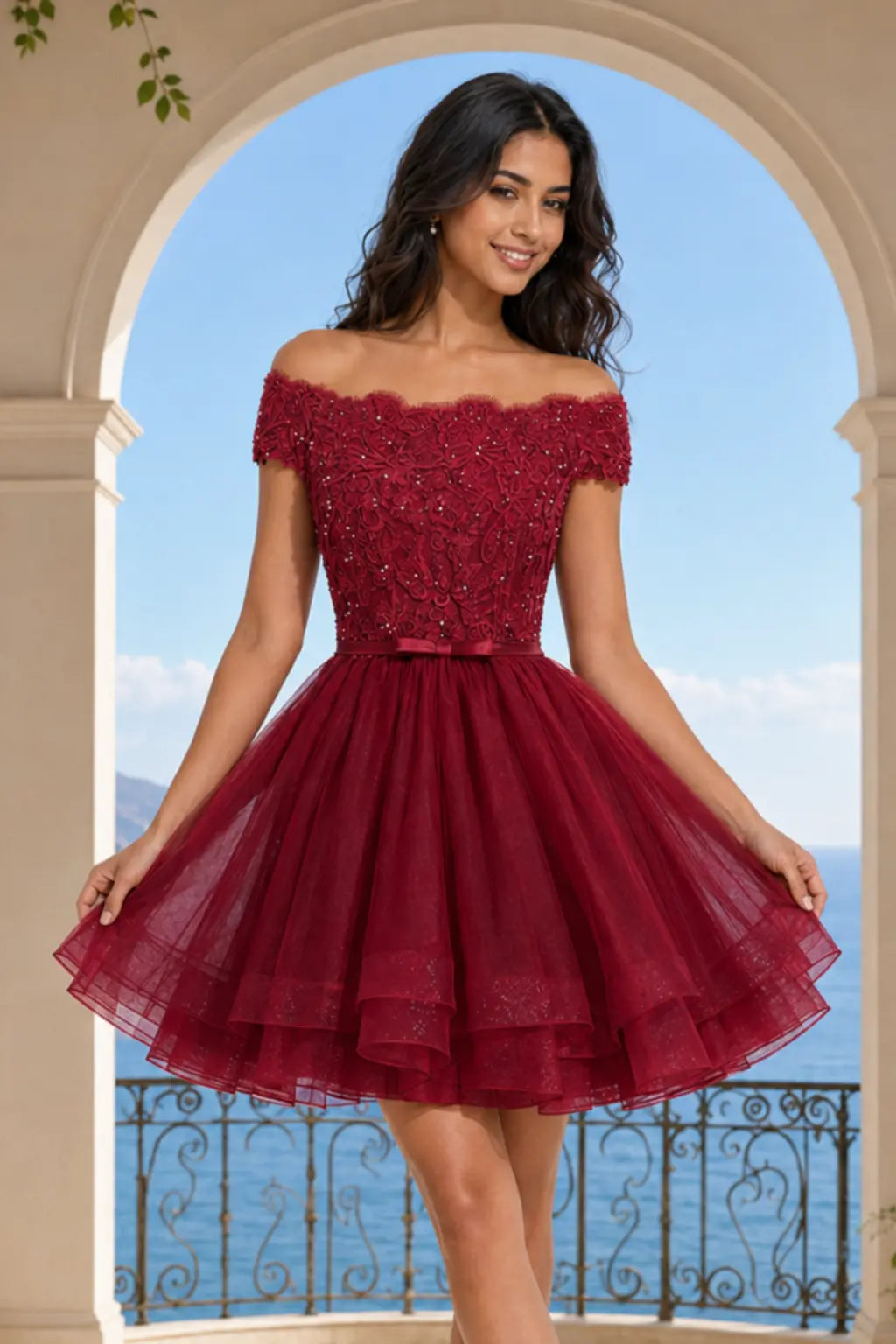 Red Burgundy Lace Corset Hoco Dress With Short Ruffle Skirt