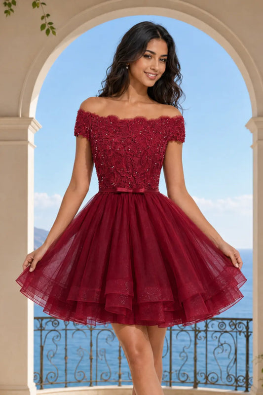 Red Burgundy Lace Corset Hoco Dress With Short Ruffle Skirt