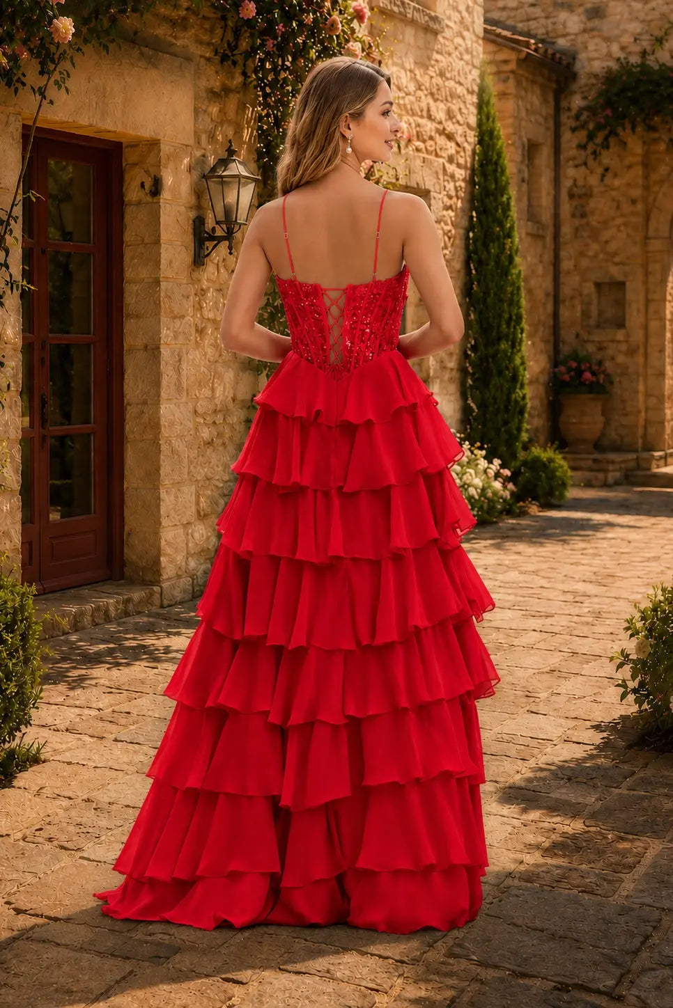 Spaghetti Straps Sweetheart Embellished Corset Chiffon Slit Ruffle Prom Dress with Detachable Straps