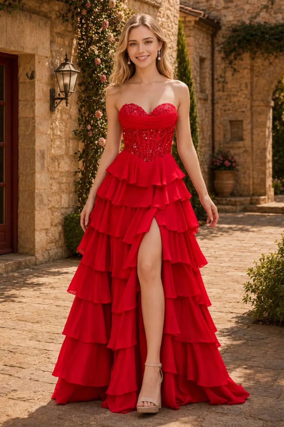 Spaghetti Straps Sweetheart Embellished Corset Chiffon Slit Ruffle Prom Dress with Detachable Straps