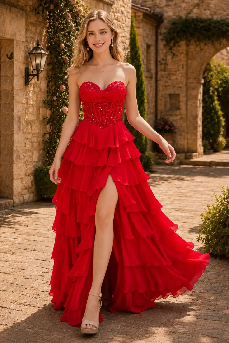 Spaghetti Straps Sweetheart Embellished Corset Chiffon Slit Ruffle Prom Dress with Detachable Straps