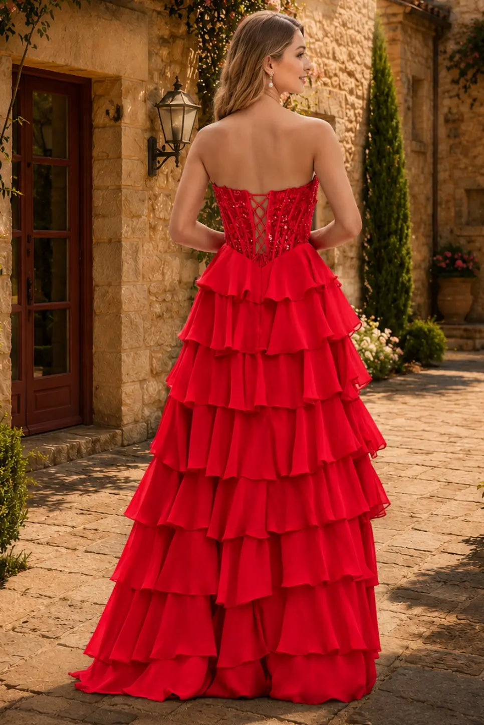 Spaghetti Straps Sweetheart Embellished Corset Chiffon Slit Ruffle Prom Dress with Detachable Straps